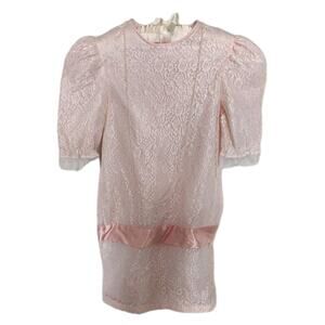 Vtg 80s Cottagecore Pretty In Pink Puff Sleeve Lace Dance Party Dress Girls 14